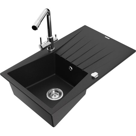 Mexen Cesar 1-bowl granite sink with drainer and Duero kitchen faucet, black - 6514-77-671600-00