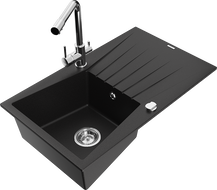 Mexen Cesar granite kitchen sink 1-bowl with drainer and Duero kitchen faucet, black - 6514-77-671600-00