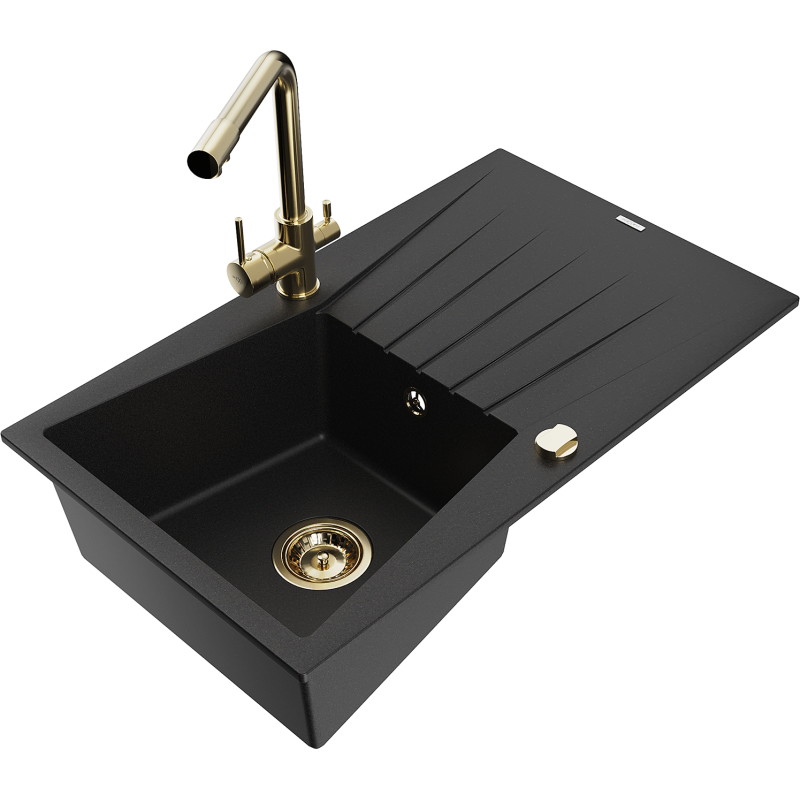 Mexen Cesar granite kitchen sink 1-bowl with drainer and kitchen faucet Duero, black - 6514-77-671600-50