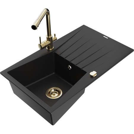 Mexen Cesar granite kitchen sink 1-bowl with drainer and kitchen faucet Duero, black - 6514-77-671600-50