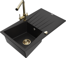 Mexen Cesar granite kitchen sink 1-bowl with drainer and kitchen faucet Duero, black - 6514-77-671600-50