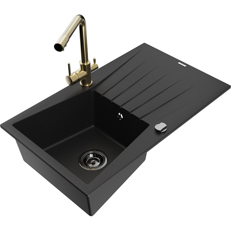 Mexen Cesar 1-bowl granite sink with drainer and Duero kitchen faucet, black - 6514-77-671600-50-B
