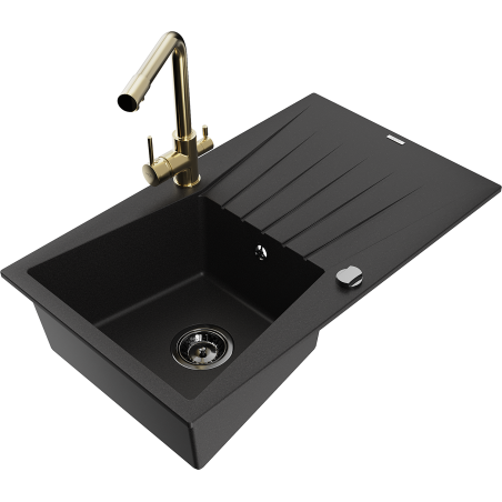 Mexen Cesar granite sink 1-bowl with drainer and Duero kitchen faucet, black - 6514-77-671600-50-B