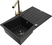 Mexen Cesar granite sink 1-bowl with drainer and Duero kitchen faucet, black - 6514-77-671600-50-B