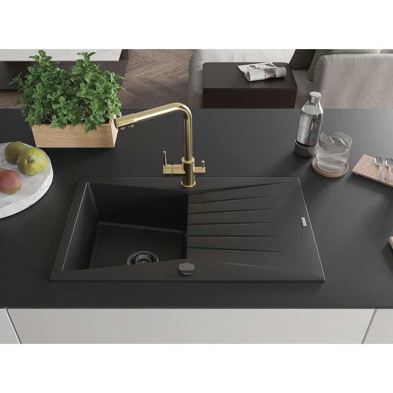 Mexen Cesar granite sink 1-bowl with drainer and Duero kitchen faucet, black - 6514-77-671600-50-B