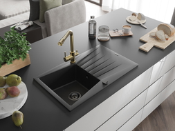 Mexen Cesar granite sink 1-bowl with drainer and Duero kitchen faucet, black - 6514-77-671600-50-B