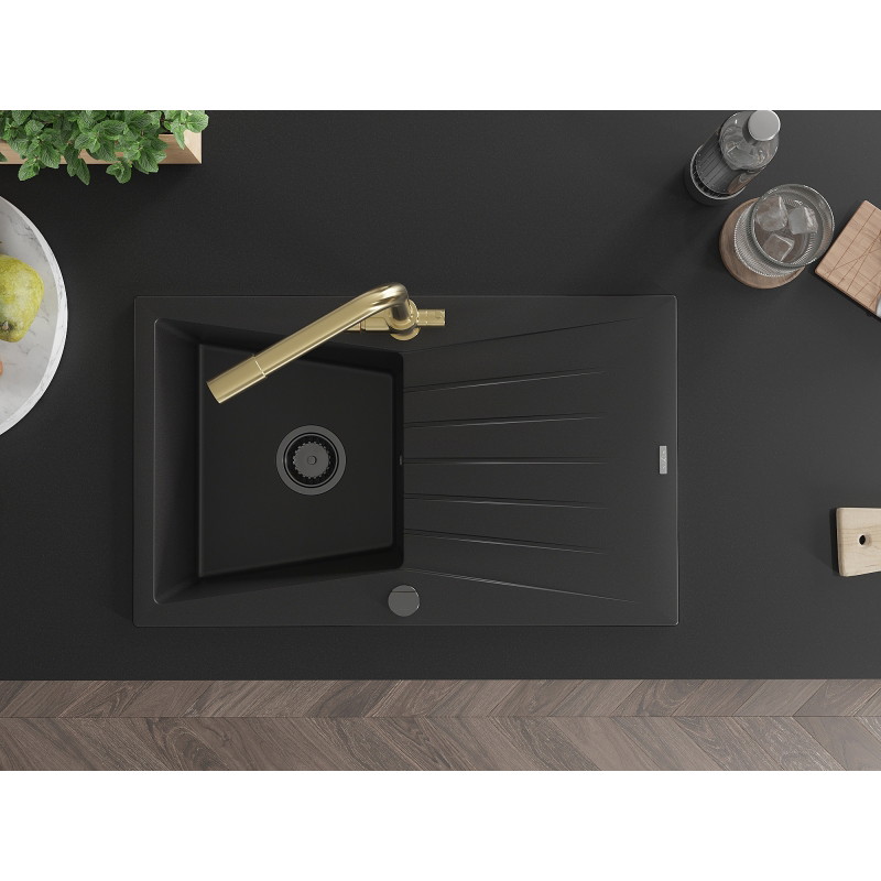 Mexen Cesar granite sink 1-bowl with drainer and Duero kitchen faucet, black - 6514-77-671600-50-B