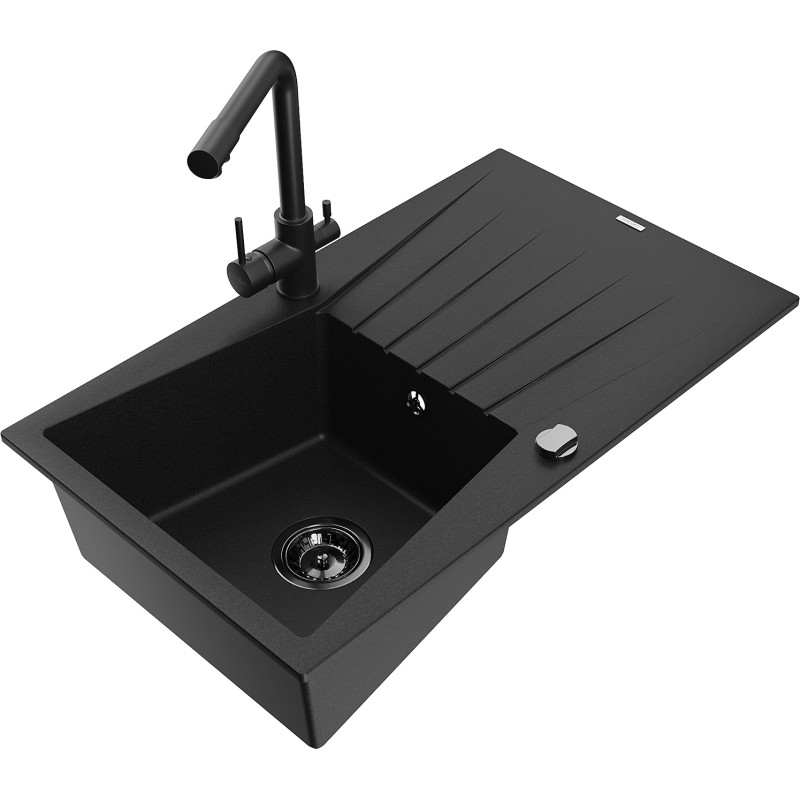 Mexen Cesar granite kitchen sink 1-bowl with drainer and Duero kitchen faucet, black - 6514-77-671600-70-B