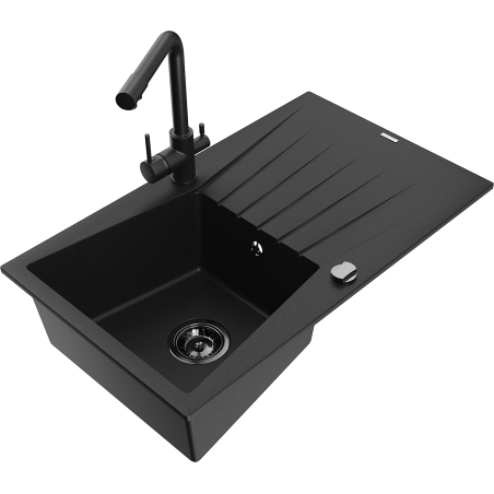 Mexen Cesar 1-bowl granite kitchen sink with drainer and Duero kitchen faucet, black - 6514-77-671600-70-B