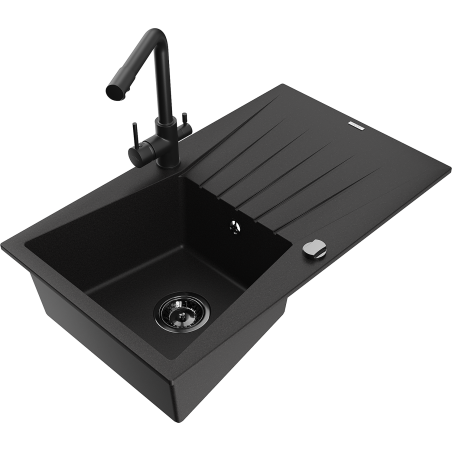Mexen Cesar granite kitchen sink 1-bowl with drainer and Duero kitchen faucet, black - 6514-77-671600-70-B