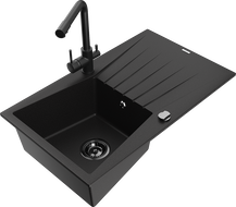 Mexen Cesar 1-bowl granite sink with drainer and Duero kitchen tap, black - 6514-77-671600-70-B