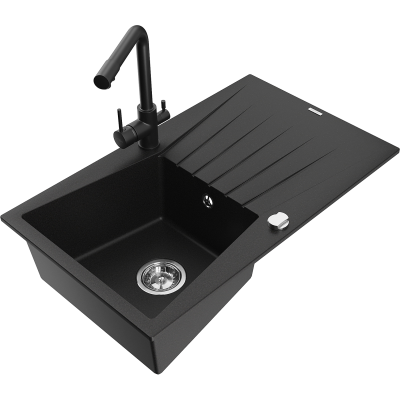 Mexen Cesar 1-compartment granite sink with a drip tray and kitchen mixer tap Duero, Black - 6514-77-671600-70
