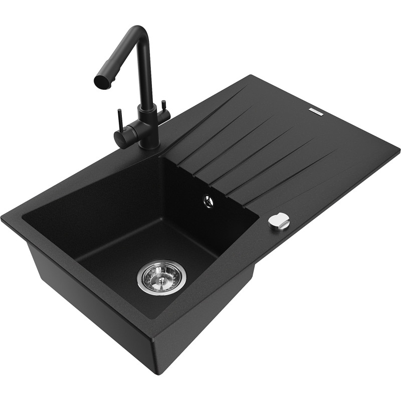 Mexen Cesar granite sink with 1 bowl and drainer, with kitchen faucet Duero, black - 6514-77-671600-70