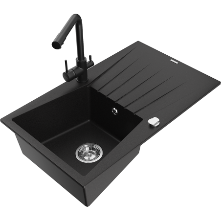 Mexen Cesar granite sink 1-bowl with drainer and kitchen faucet Duero, black - 6514-77-671600-70