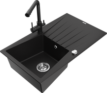 Mexen Cesar 1-Bowl Granite Sink with Drainer and Duero Kitchen Tap, Black - 6514-77-671600-70
