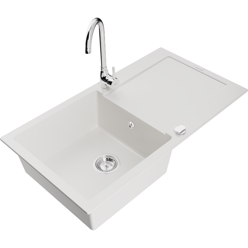 Mexen Leo granite kitchen sink 1-bowl with drainer and kitchen faucet Telma, white - 6501-20-670200-00