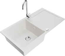 Mexen Leo granite sink 1-bowl with drainer and Telma kitchen tap, white - 6501-20-670200-00