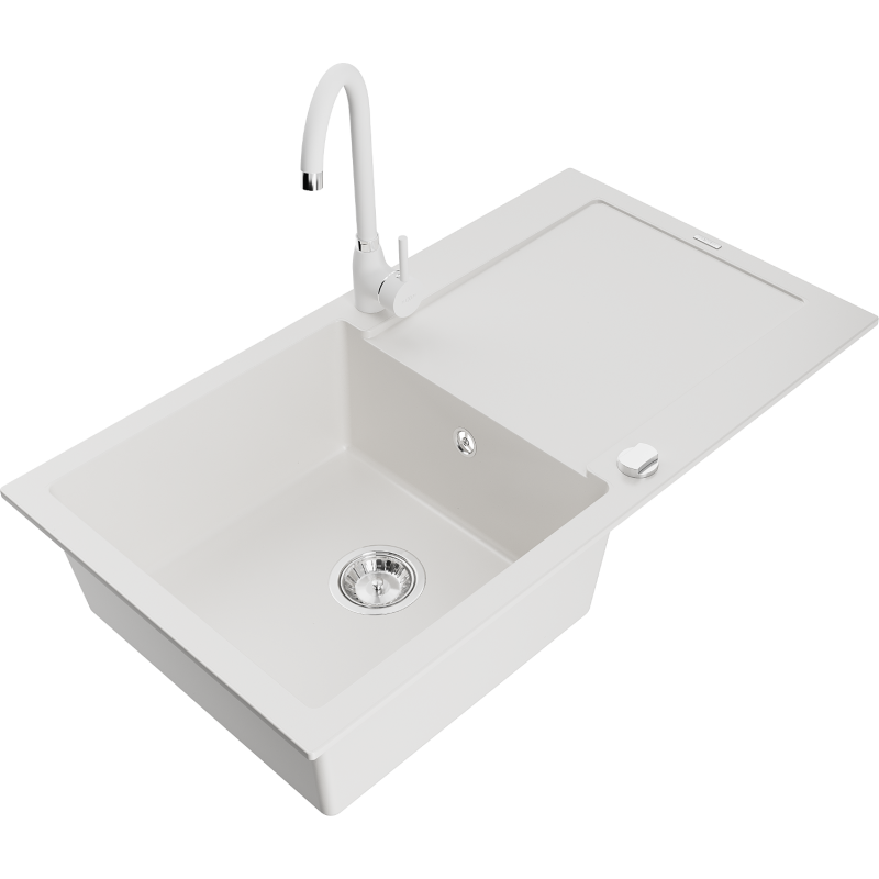 Mexen Leo granite kitchen sink 1-bowl with drainer and Telma kitchen tap, white - 6501-20-670200-20