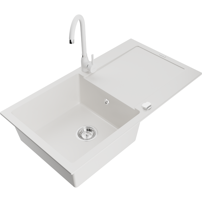 Mexen Leo granite single-bowl kitchen sink with drainer and kitchen faucet Telma, white - 6501-20-670200-20
