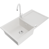 Mexen Leo granite single-bowl kitchen sink with drainer and kitchen faucet Telma, white - 6501-20-670200-20
