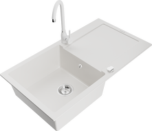 Mexen Leo granite single-bowl kitchen sink with drainer and kitchen faucet Telma, white - 6501-20-670200-20
