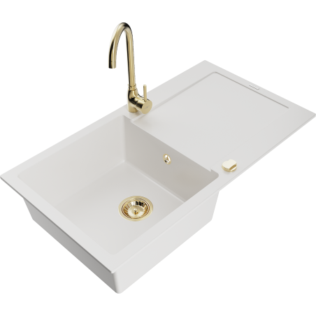 Mexen Leo 1-compartment granite sink with a drip tray and kitchen mixer tap Telma, White - 6501-20-670200-50