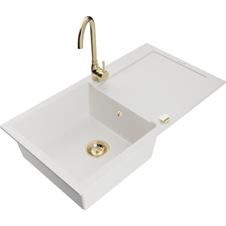 Mexen Leo single-bowl granite sink with drainer and Telma kitchen tap, white - 6501-20-670200-50