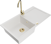 Mexen Leo 1-compartment granite sink with a drip tray and kitchen mixer tap Telma, White - 6501-20-670200-50
