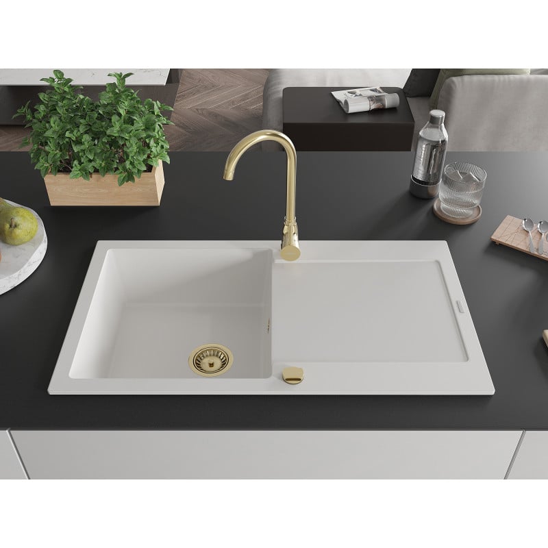 Mexen Leo single-bowl granite sink with drainer and Telma kitchen tap, white - 6501-20-670200-50