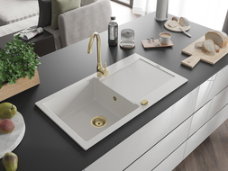 Mexen Leo 1-compartment granite sink with a drip tray and kitchen mixer tap Telma, White - 6501-20-670200-50
