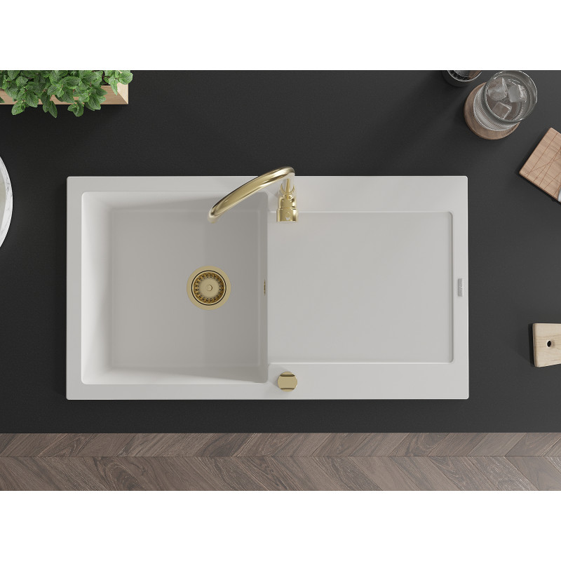 Mexen Leo 1-Bowl Granite Kitchen Sink with Drainer and Telma Faucet, White - 6501-20-670200-50
