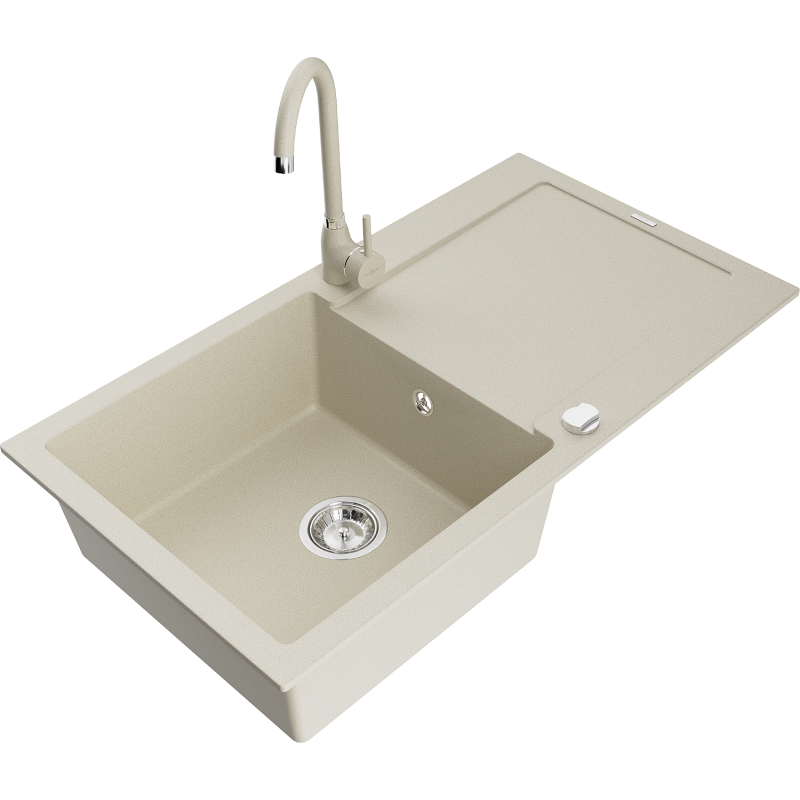Mexen Leo 1-compartment granite sink with a drip tray and kitchen mixer tap Telma, Beige - 6501-69-670200-69