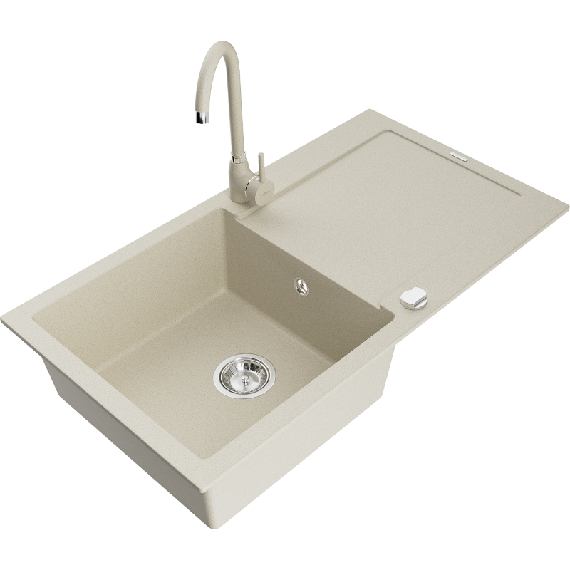 Mexen Leo granite kitchen sink 1-bowl with drainer and Telma kitchen faucet, beige - 6501-69-670200-69