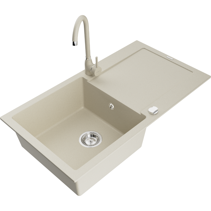 Mexen Leo granite kitchen sink 1-bowl with drainer and Telma kitchen tap, beige - 6501-69-670200-69