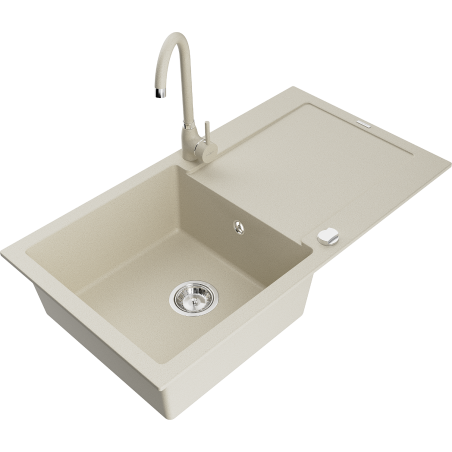 Mexen Leo 1-compartment granite sink with a drip tray and kitchen mixer tap Telma, Beige - 6501-69-670200-69