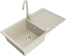 Mexen Leo granite kitchen sink 1-bowl with drainer and Telma kitchen faucet, beige - 6501-69-670200-69