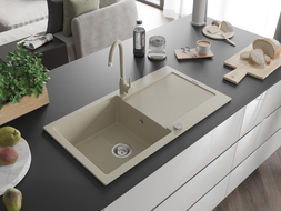 Mexen Leo granite kitchen sink 1-bowl with drainer and Telma kitchen faucet, beige - 6501-69-670200-69