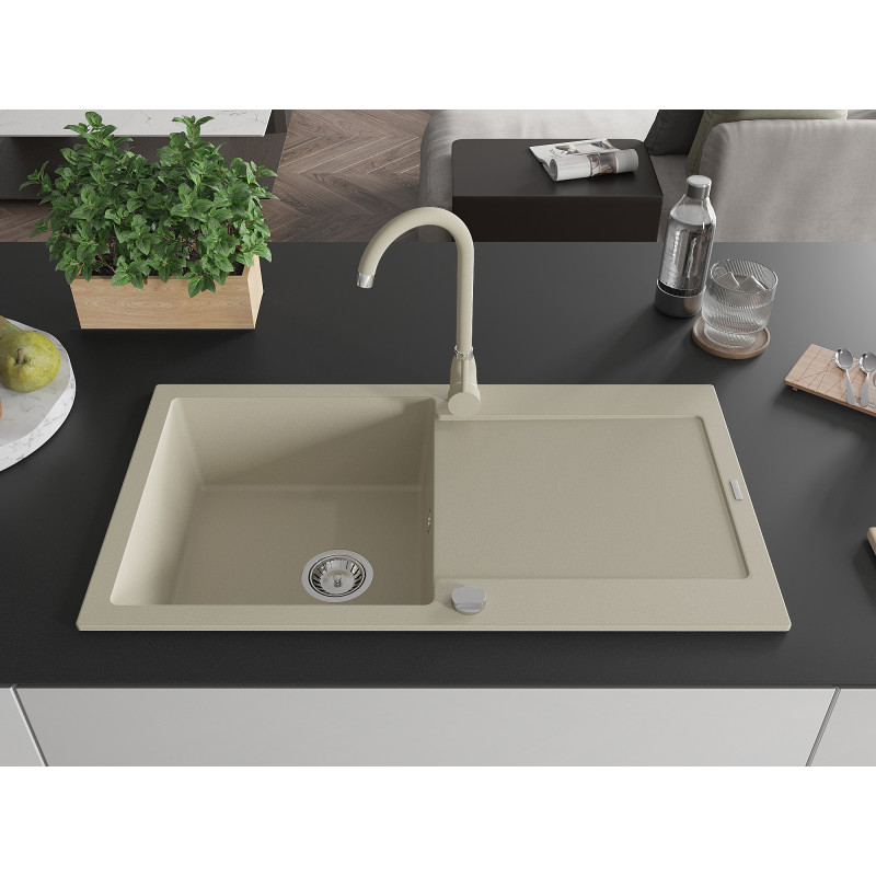 Mexen Leo granite kitchen sink 1-bowl with drainer and Telma kitchen faucet, beige - 6501-69-670200-69