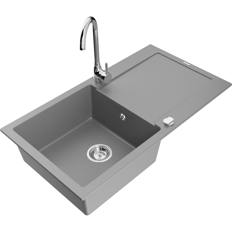 Mexen Leo 1-compartment granite sink with a drip tray and kitchen mixer tap Telma, Grey - 6501-71-670200-00
