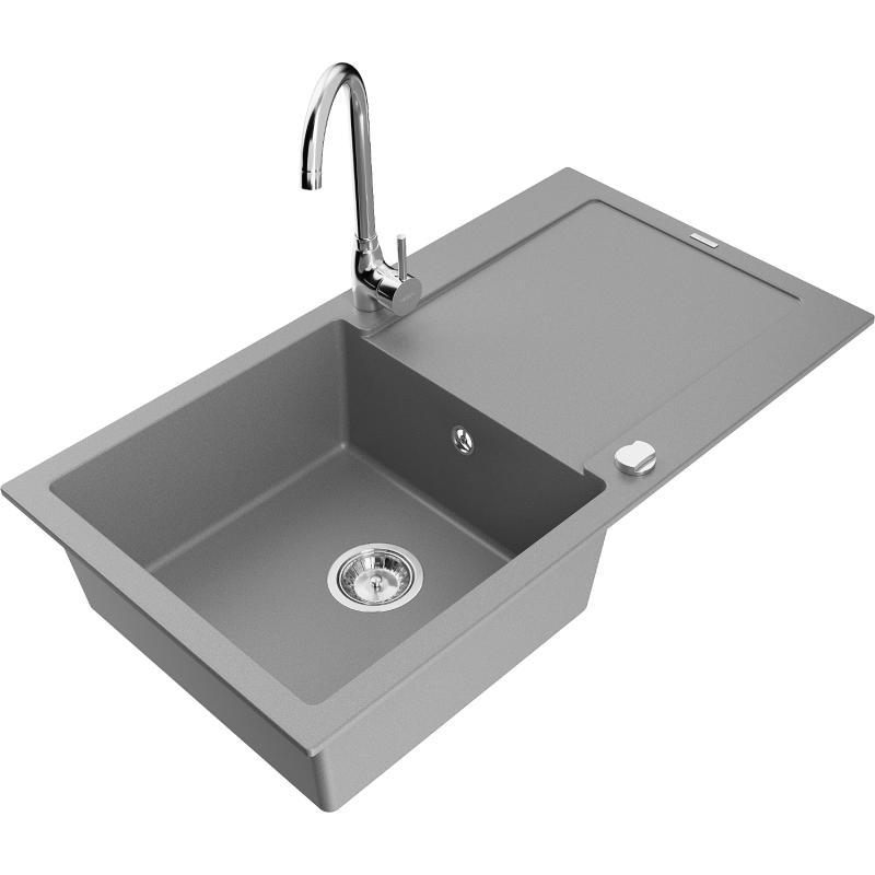 Mexen Leo granite kitchen sink 1-bowl with drainer and Telma kitchen faucet, gray - 6501-71-670200-00