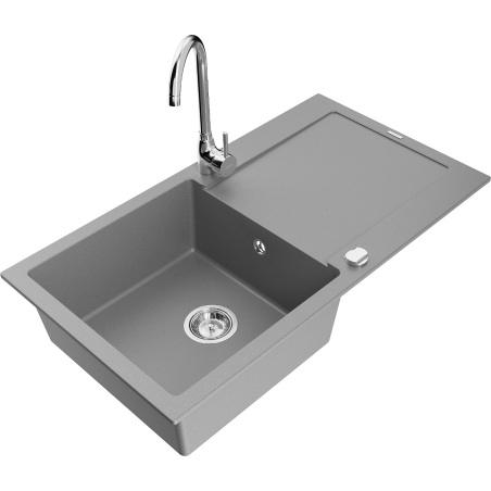 Mexen Leo 1-compartment granite sink with a drip tray and kitchen mixer tap Telma, Grey - 6501-71-670200-00