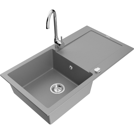 Mexen Leo granite sink 1-bowl with drainer and Telma kitchen tap, grey - 6501-71-670200-00