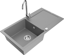 Mexen Leo granite kitchen sink 1-bowl with drainer and Telma kitchen faucet, gray - 6501-71-670200-00