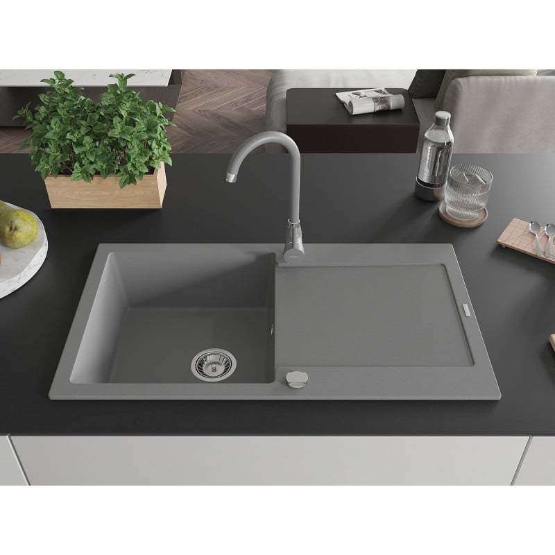 Mexen Leo 1-bowl granite sink with drainer and Telma kitchen faucet, gray - 6501-71-670200-71