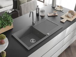 Mexen Leo 1-compartment granite sink with a drip tray and kitchen mixer tap Telma, Grey - 6501-71-670200-71