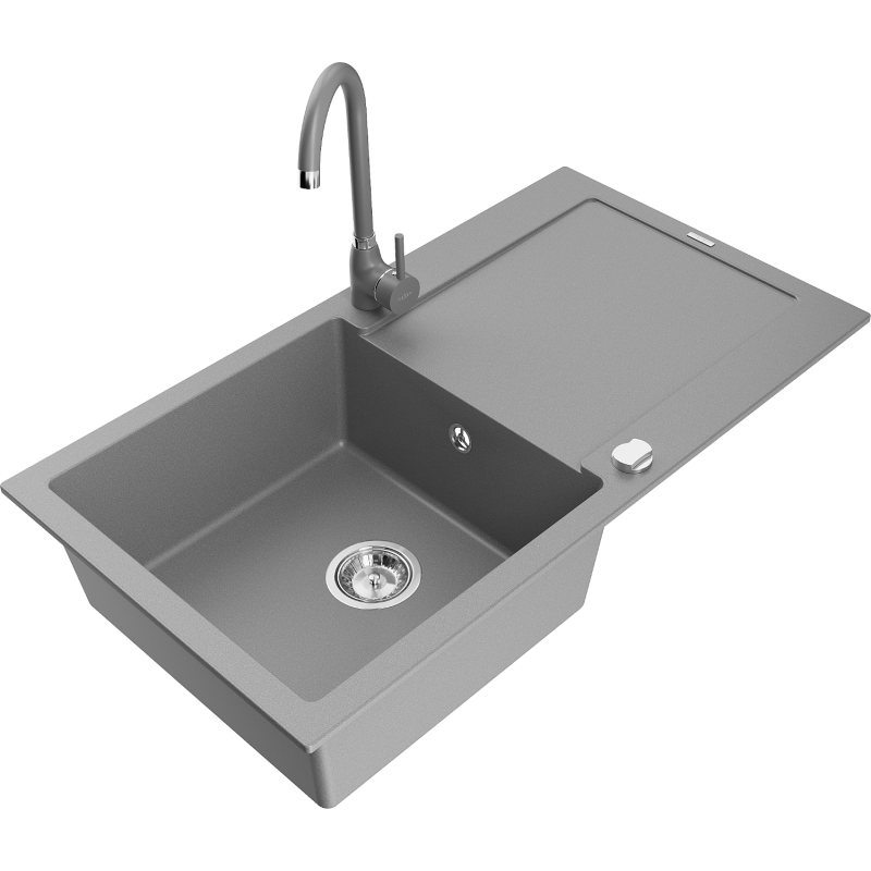 Mexen Leo 1-compartment granite sink with a drip tray and kitchen mixer tap Telma, Grey - 6501-71-670200-71