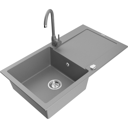 Mexen Leo 1-compartment granite sink with a drip tray and kitchen mixer tap Telma, Grey - 6501-71-670200-71