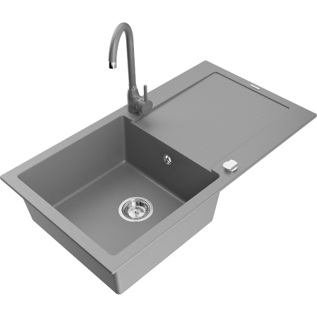 Mexen Leo granite kitchen sink 1-bowl with drainer and Telma kitchen tap, grey - 6501-71-670200-71