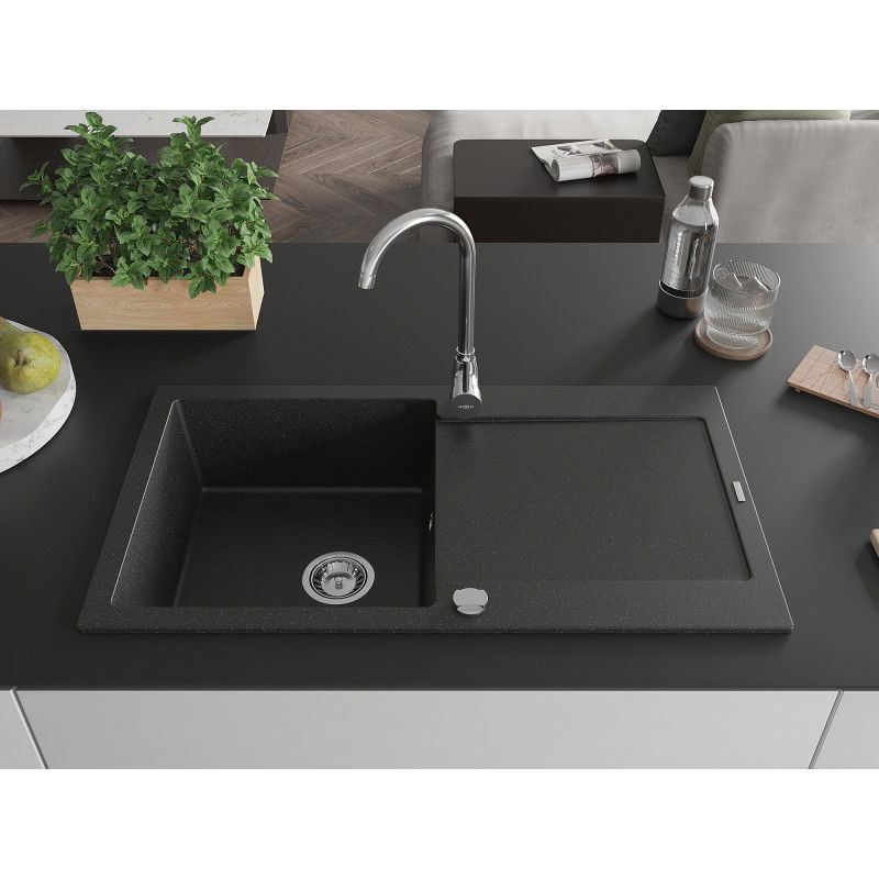 Mexen Leo granite sink 1-bowl with drainer and kitchen tap Telma, black/silver metallic - 6501-73-670200-00