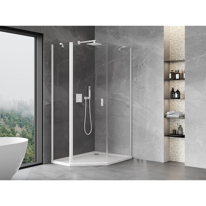Mexen Mist asymmetrical pentagonal shower cabin with hinged door 80 x 100 cm, transparent, white - 8A8-080-100-20-00